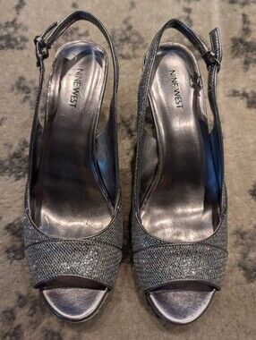 Nine West Pewter Silver Metallic Slingback Heels Size 10M